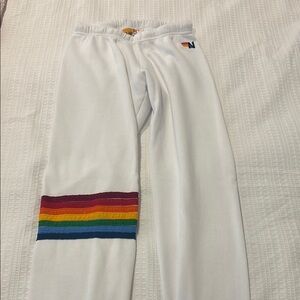 Aviator Nation White Sweatpants with Rainbow Stripes
